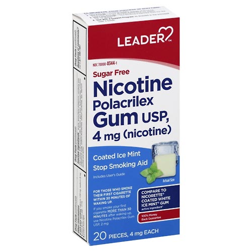 Image for Leader Nicotine Polacrilex Gum, 4 mg, Coated Ice Mint,20ea from Roger's Family Pharmacy