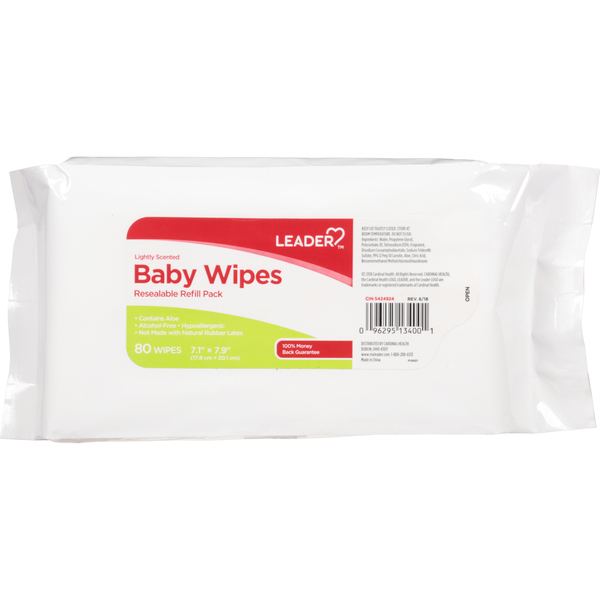 Image for Leader Baby Wipes, Lightly Scented, Resealable, Refill Pack, 80ea from Roger's Family Pharmacy